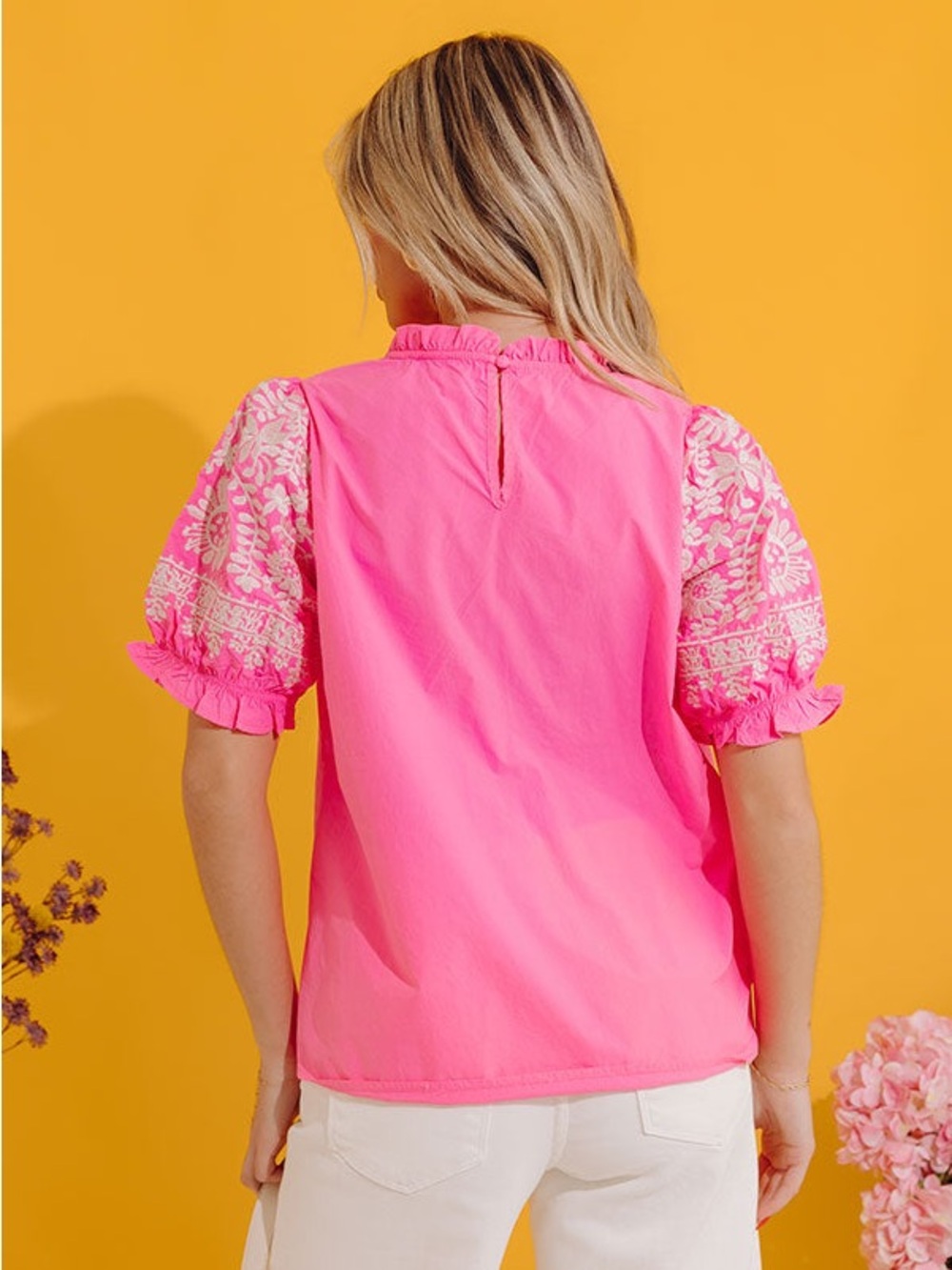 SOLD THML Pink Puff Sleeve with Floral Embroidery Ruffle Neck Top Size Small - Picture 3 of 9